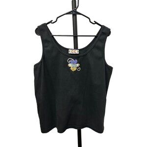 CC Sportswear Black Tank Top With Embroidered Flower Design